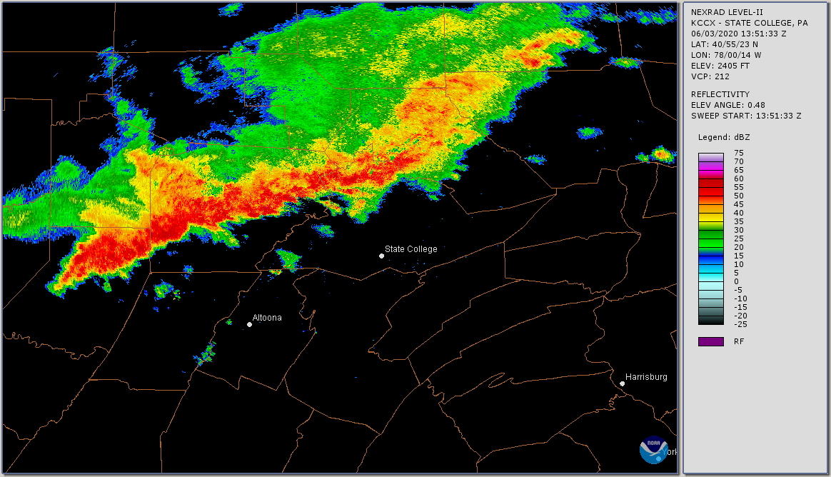 Radar image showing reflectivity values over State College, Pennsylvania